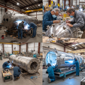 Technicians performing what is pressure vessel fabrication in a certified facility