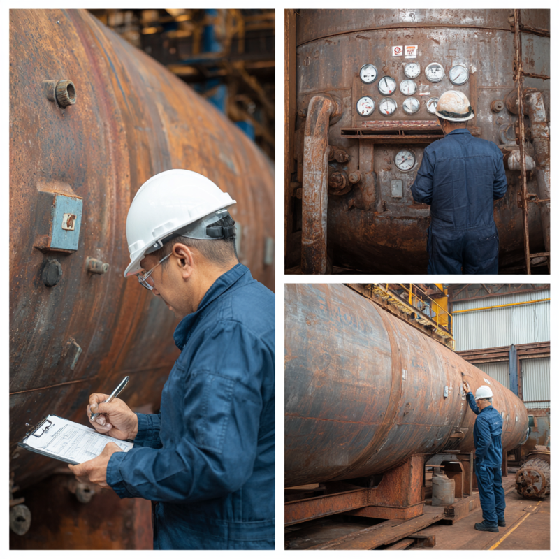 Pressure vessel inspection process showing different testing methods like ultrasonic and visual testing