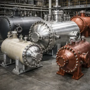 Industrial pressure vessels made of carbon steel, stainless steel, specialty alloys, and composites used for high-pressure and corrosive environments