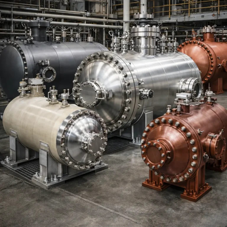 Industrial pressure vessels made of carbon steel, stainless steel, specialty alloys, and composites used for high-pressure and corrosive environments