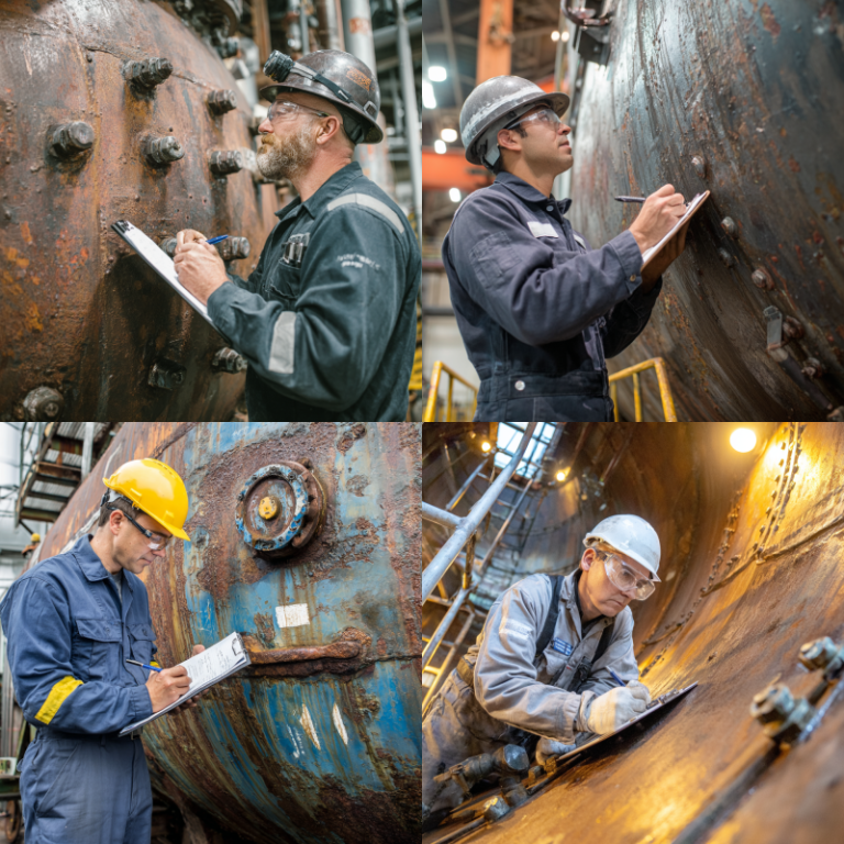 Technician performing pressure vessel maintenance inspection