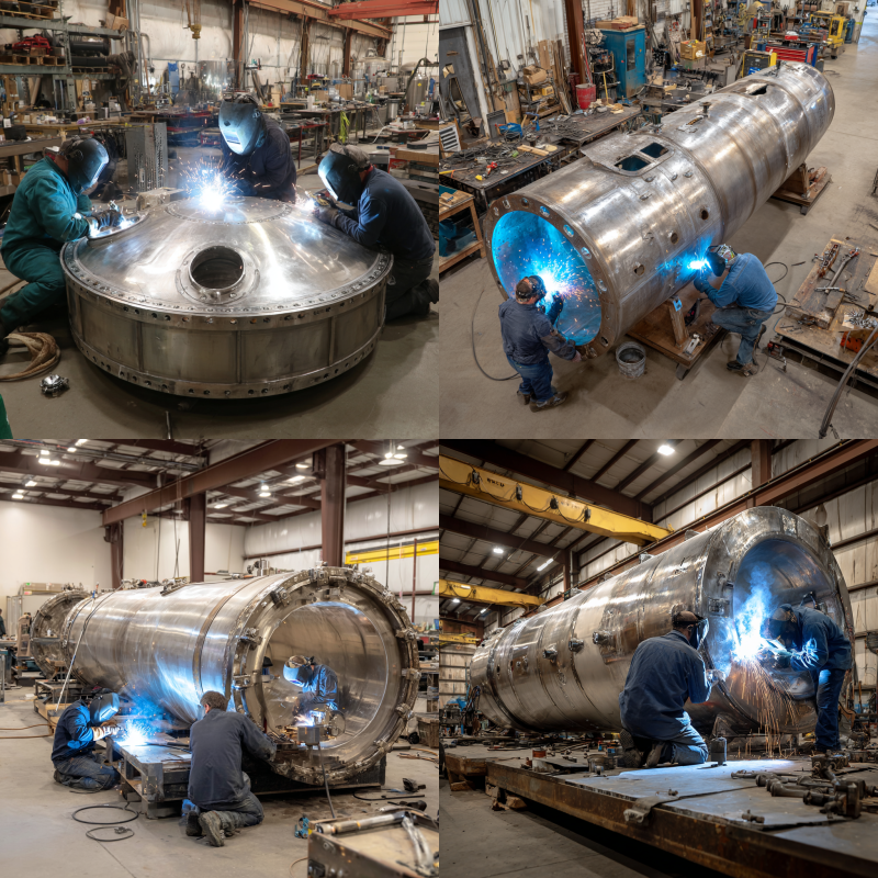 Technicians demonstrating how pressure vessels are fabricated inside a certified facility