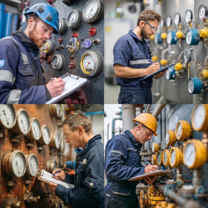 Engineer conducting ASME code inspection on industrial pressure vessel