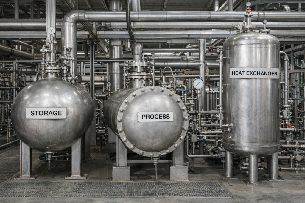 Different types of pressure vessels including spherical, vertical, and horizontal designs in an industrial facility