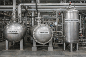 Different types of pressure vessels including spherical, vertical, and horizontal designs in an industrial facility