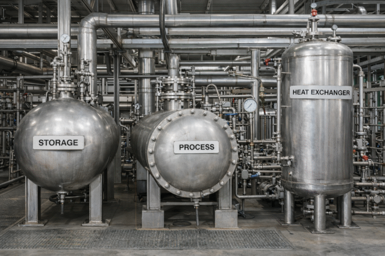 Different types of pressure vessels including spherical, vertical, and horizontal designs in an industrial facility