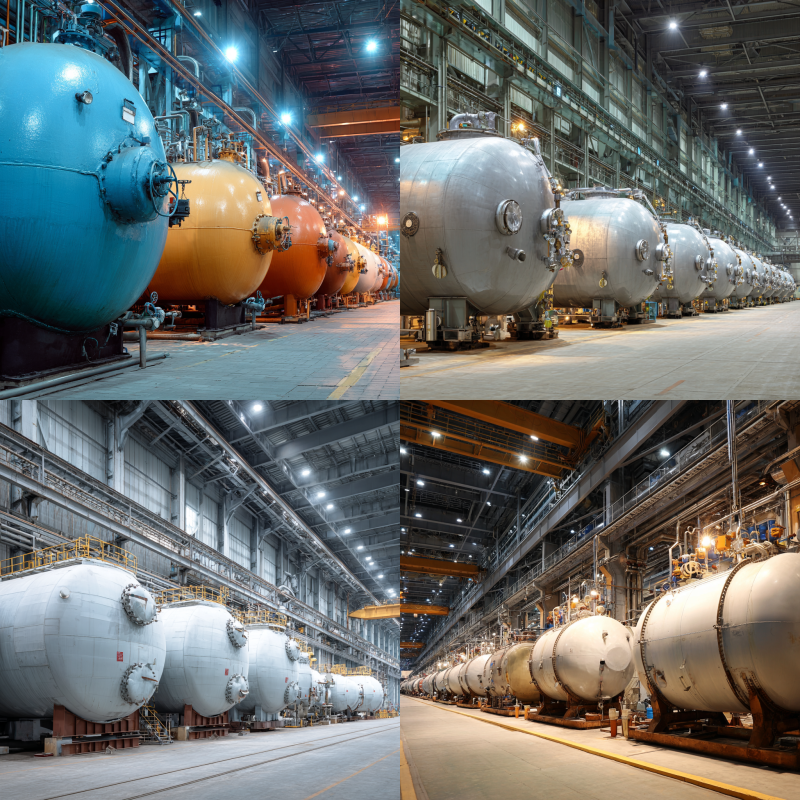 Different types of pressure vessels including spherical, vertical, and horizontal designs in an industrial facility
