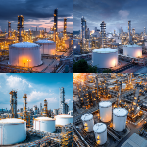 Different types of pressure vessels including storage, process, and heat exchangers in a factory setup