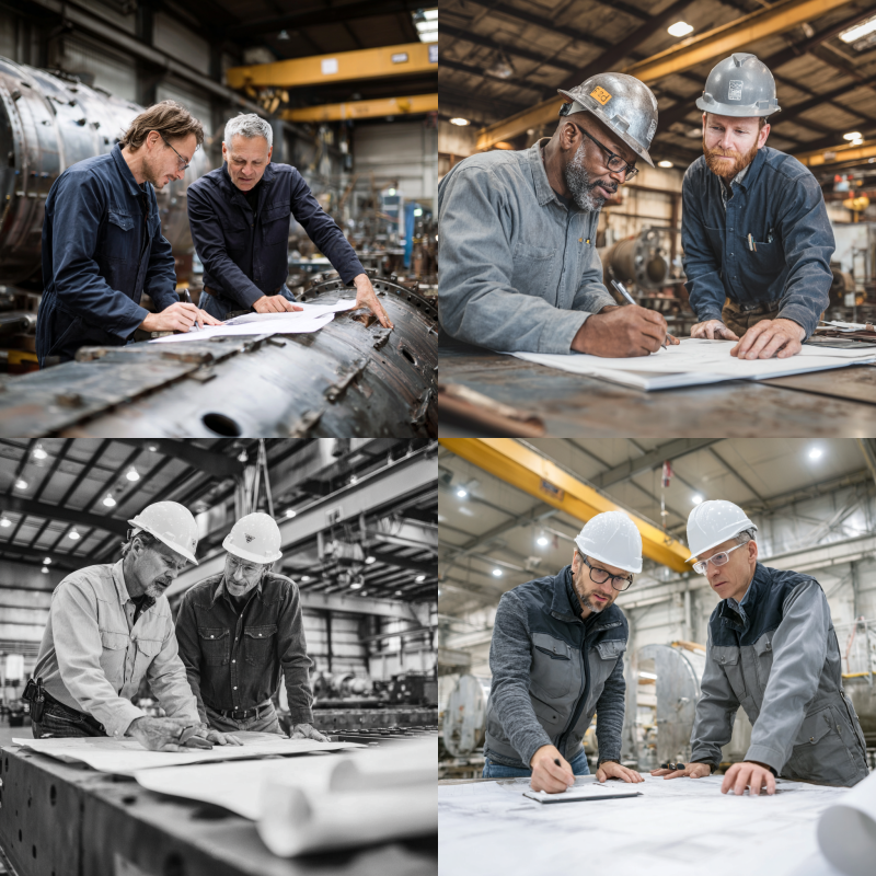 Technician reviewing blueprints to explain what does a vessel manufacturer do