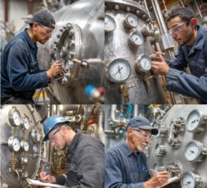 Industrial technicians inspecting and calibrating pressure gauges on a stainless steel pressure vessel in a manufacturing plant