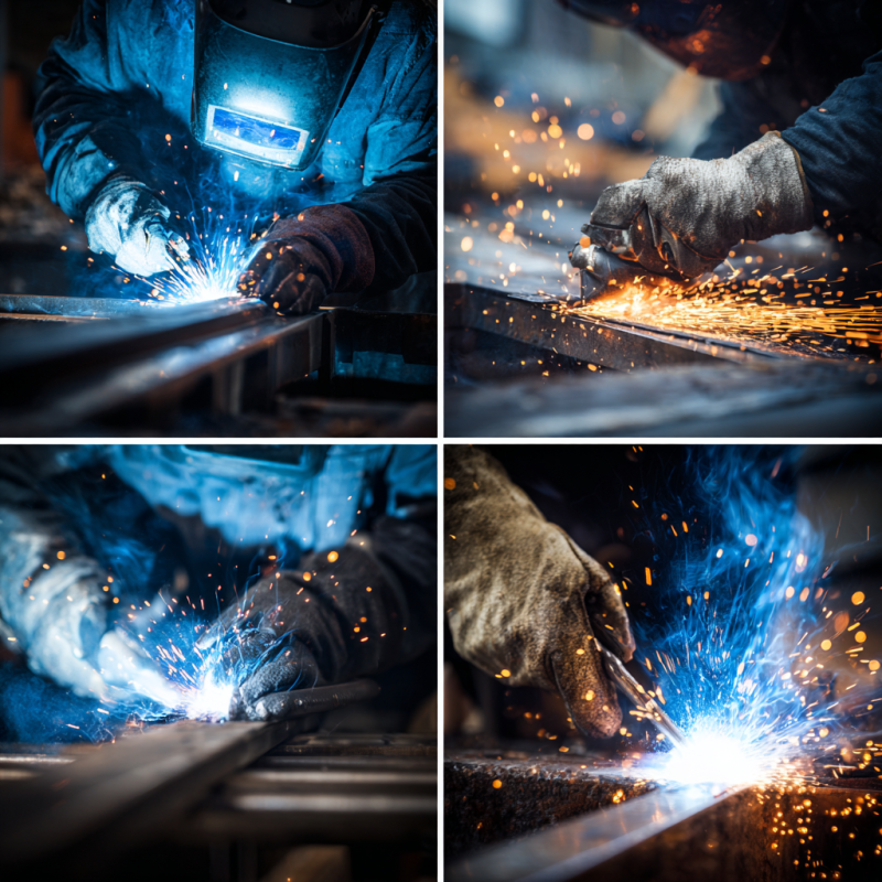Welder practicing the 1G welding position on a flat plate