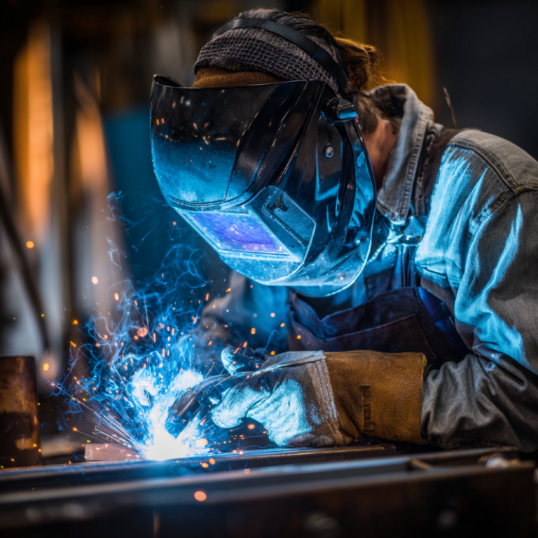 Welder performing 4G welding position overhead weld