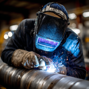Welder demonstrating 5g welding position on a fixed horizontal pipe