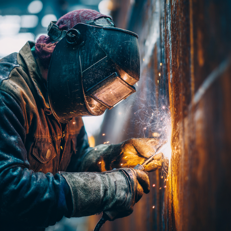 Welder demonstrating how to do 3G welding position on vertical plate