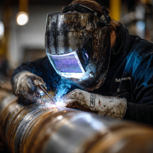 Welder showing how to do 5g welding position on fixed horizontal pipe