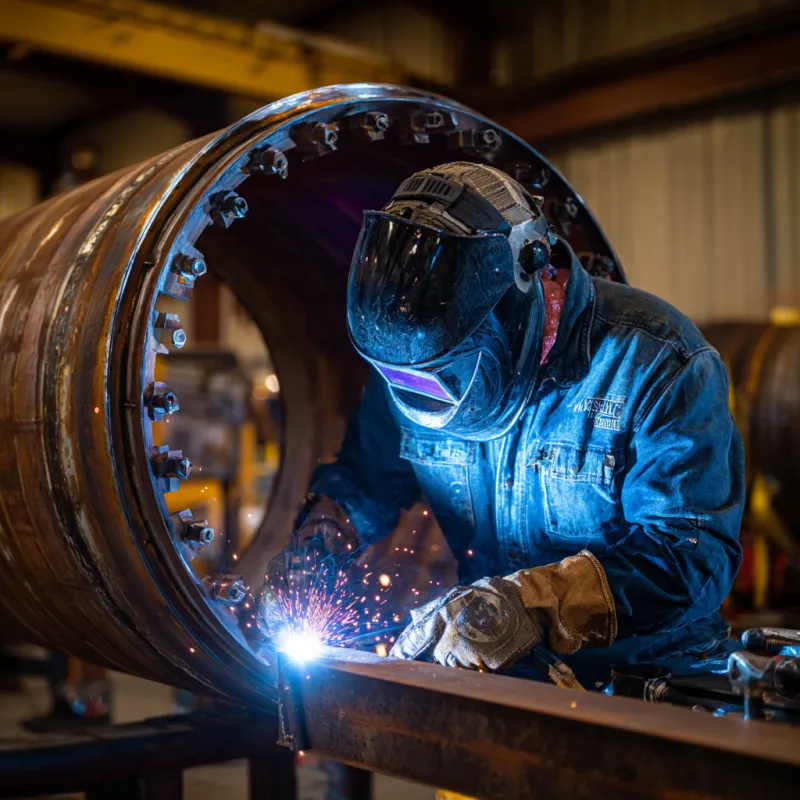 Certified pressure vessel pipe welder performing high-pressure welds
