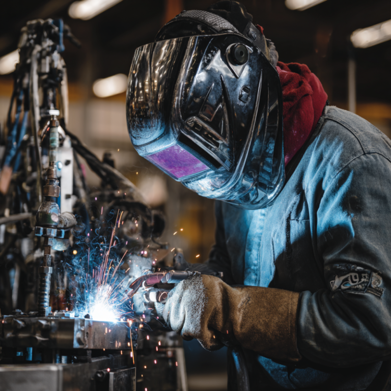Welder demonstrating what is 4g welding position with overhead weld