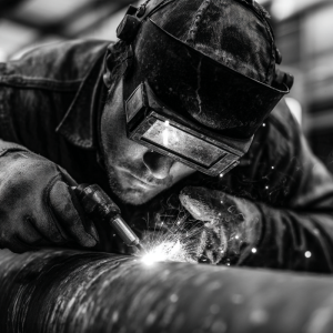 Welder demonstrating what is 5g welding position on a fixed horizontal pipe