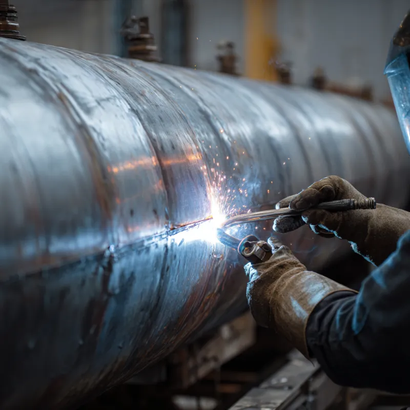 Welder performing ASME-certified welding on a pressure vessel