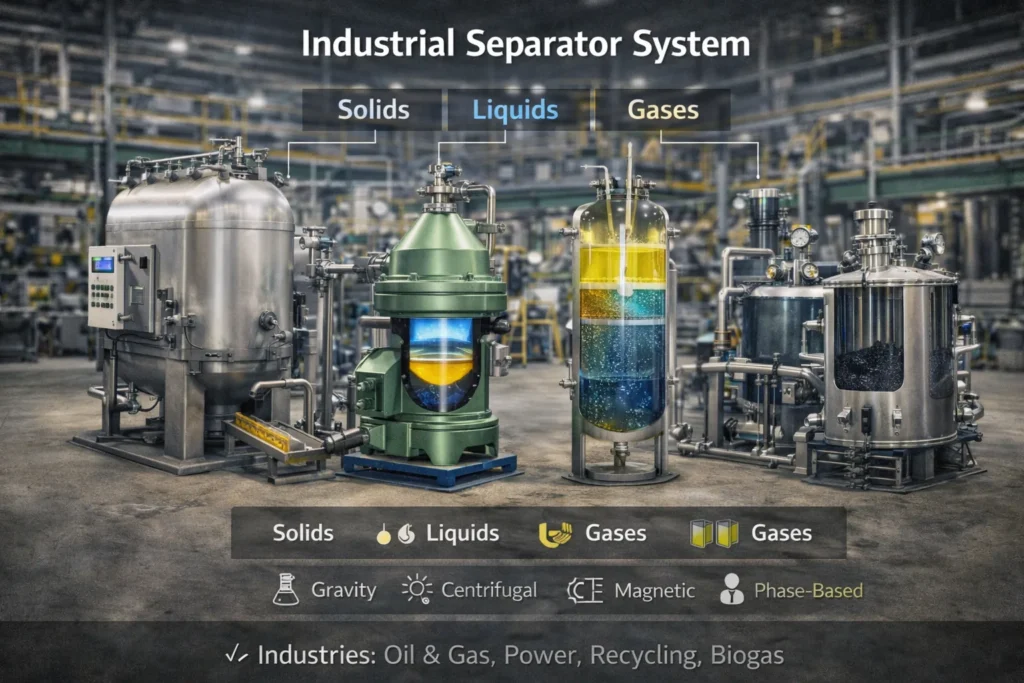 Industrial separator equipment separating materials using gravity and centrifugal forces in a modern industrial facility