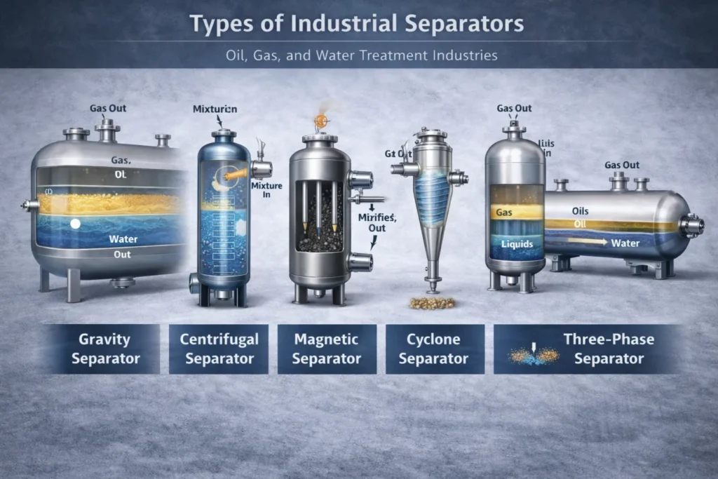 Illustration of various industrial separators like gravity, centrifugal, magnetic, cyclone, and three-phase systems.