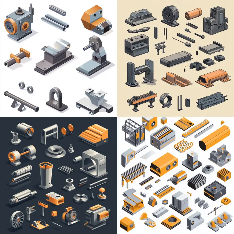 Isometric illustration of metal forming and fabrication equipment showing various industrial tools, press brakes, rollers, dies, and machined metal components used in the manufacturing process.