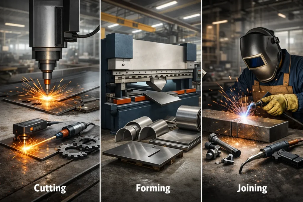 hree types of metal fabrication cutting forming and joining