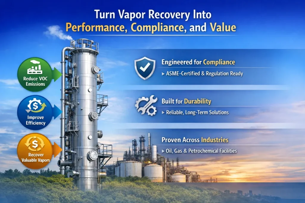 Vapor Recovery Tower Vessel reducing VOC emissions and improving operational efficiency, engineered by Red River for oil, gas, and petrochemical facilities