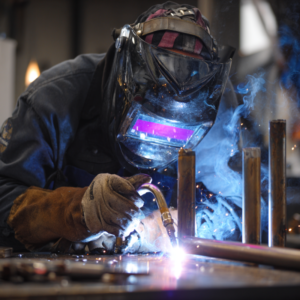 Welder practicing gtaw welding certification test on metal plate