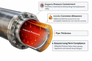 Pipe Thickness in Pressure Vessels shown in a fabricated vessel section