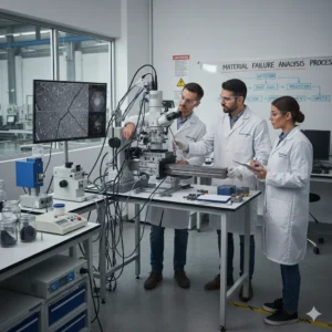Engineers conducting material failure analysis on metal components