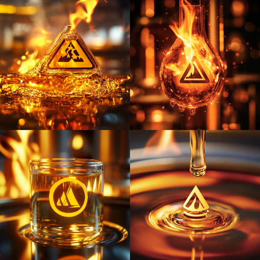 Close-up of glycol liquid with fire safety symbol indicating flammability risk