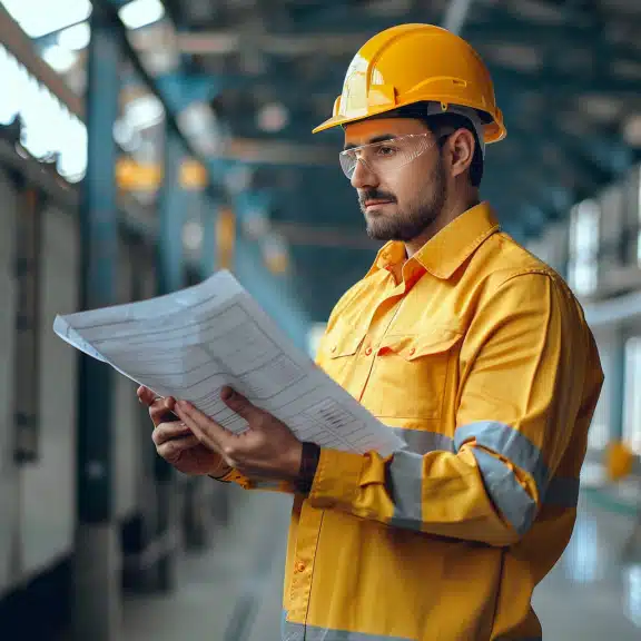 A worker in a yellow safety uniform and hard hat is reviewing technical papers inside an industrial facility.