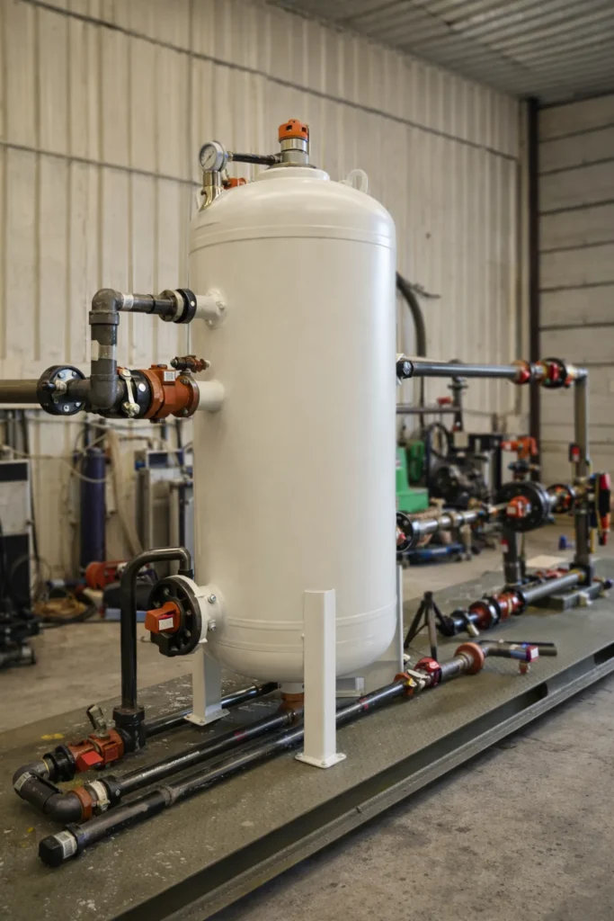 Industrial pressure vessel designed for high-pressure containment, showcasing advanced fabrication and safety features.