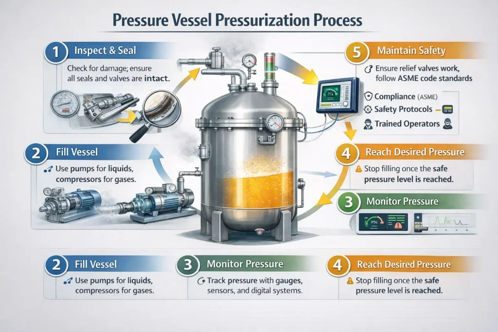 A detailed diagram showing the process of pressurizing a pressure vessel, highlighting the key stages such as filling, sealing, and monitoring pressure levels, with a focus on safety mechanisms and industry standards.
