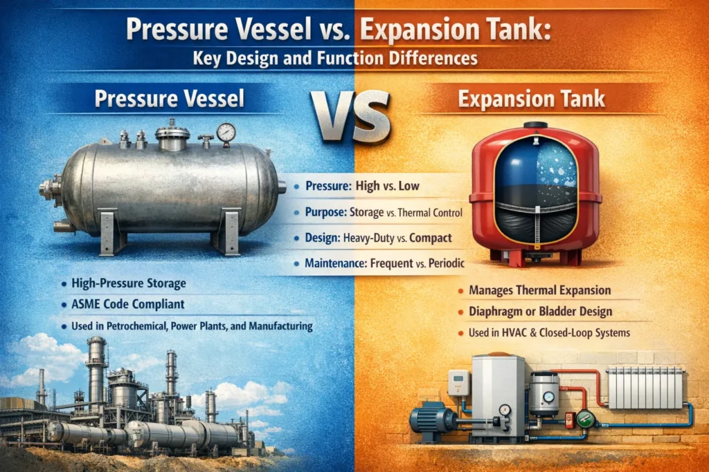 Comparison of pressure vessel and expansion tank design, showing their distinct functions in high-pressure storage and thermal expansion management.