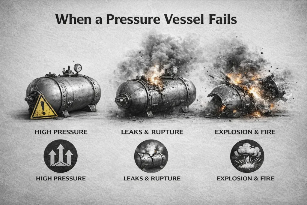 Pressure vessel failure stages infographic showing high pressure, leaks, rupture, and explosion risks, with clear icons and explanations of each stage.