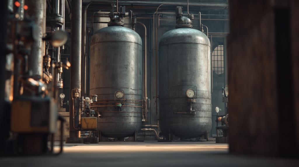 Split-view of two industrial pressure vessels illustrating ASME SEC 8 Division 1 and Division 2 design differences, showing wall thickness, stress analysis, and pressure ratings