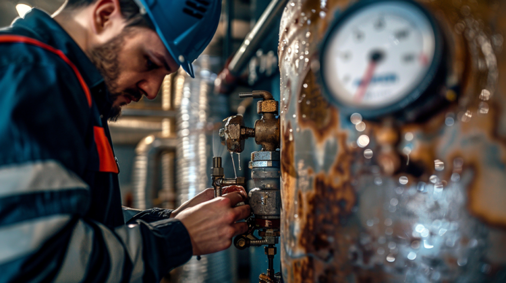Technician inspecting a leaking hot water expansion vessel showing corrosion and water droplets in a mechanical room