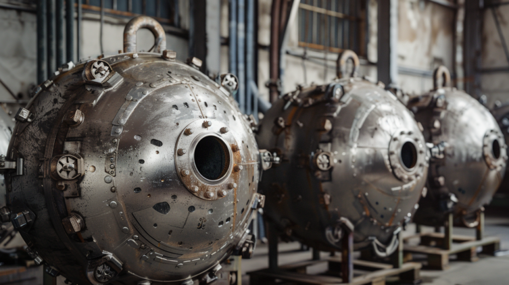 Four common pressure vessel heads – hemispherical, elliptical, torispherical, and conical – displayed in industrial setting