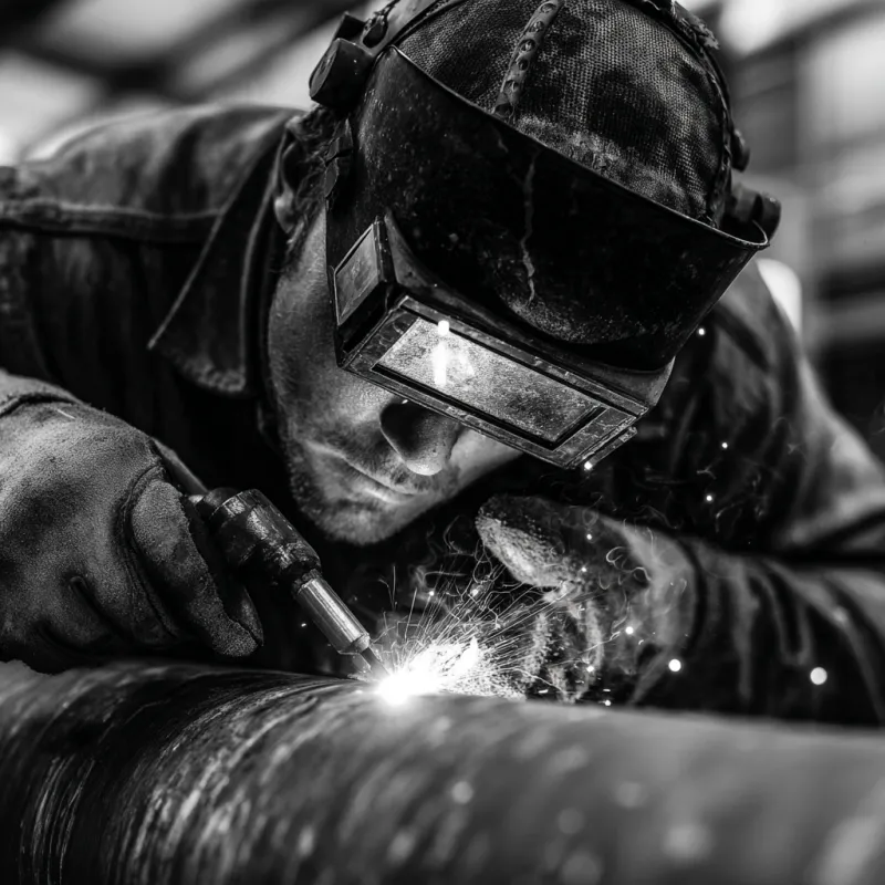 Welder demonstrating what is 5g welding position on a fixed horizontal pipe