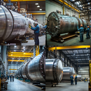 Workers in a factory manufacturing pressure vessels according to ISO standards, ensuring safety, quality, and compliance in the production process.