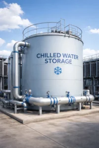 Chilled water storage tank used in industrial and data center cooling systems to reduce peak demand and stabilize chiller operation