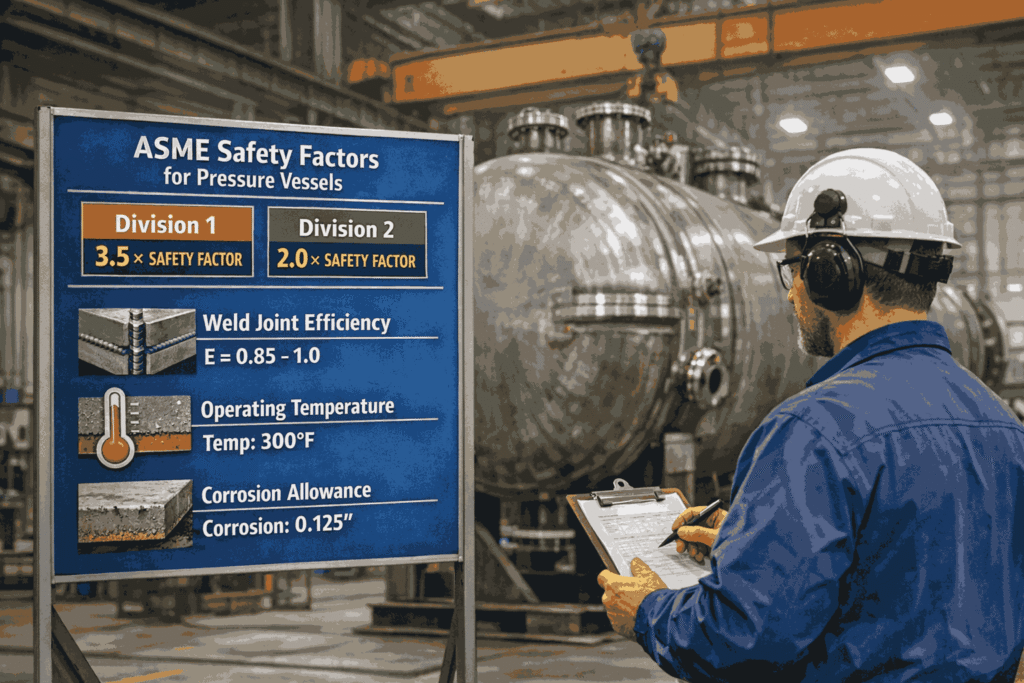 Engineer reviewing ASME pressure vessel safety factor calculations at a fabrication facility