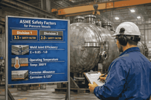 Engineer reviewing ASME pressure vessel safety factor calculations at a fabrication facility