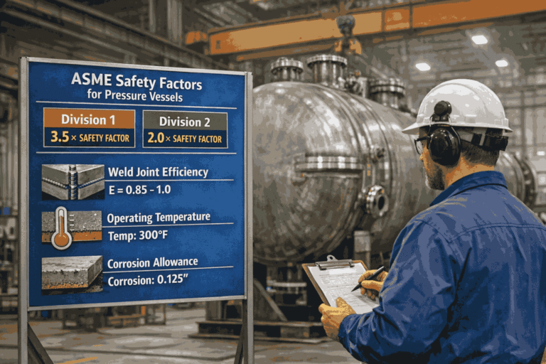 Engineer reviewing ASME pressure vessel safety factor calculations at a fabrication facility