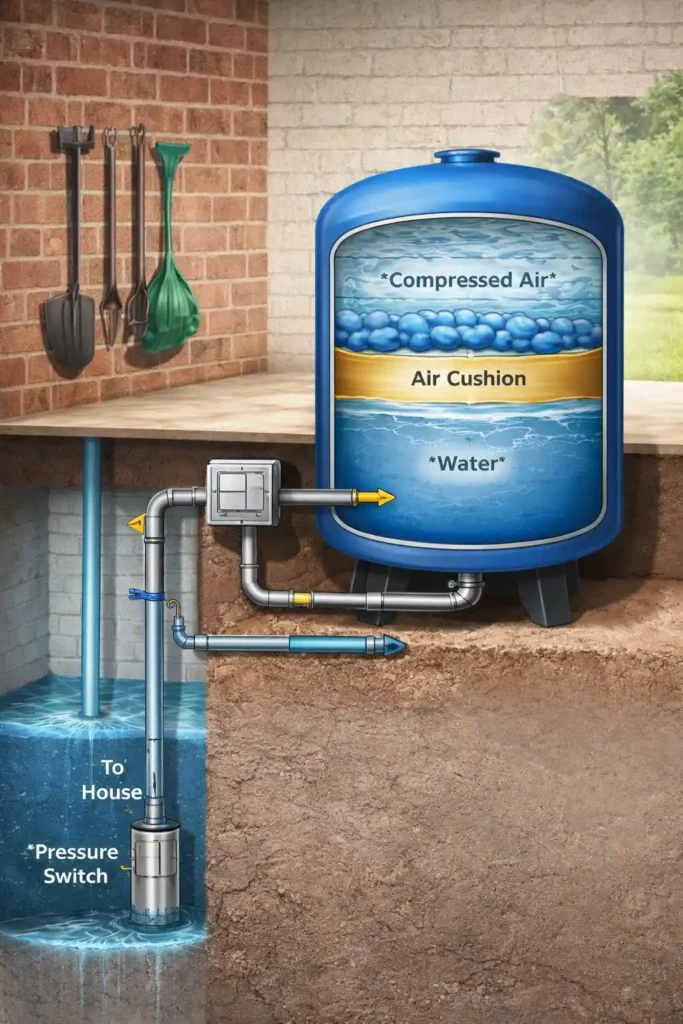 Air over water pressure tank diagram showing compressed air, water levels, and well system connections