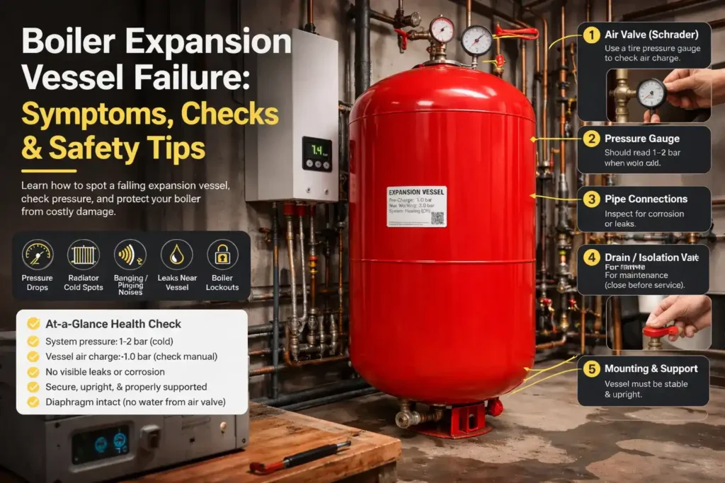 Infographic showing a boiler expansion vessel with key checks for failure, common symptoms, and maintenance tips, including pressure gauge, air valve, and pipe connections.