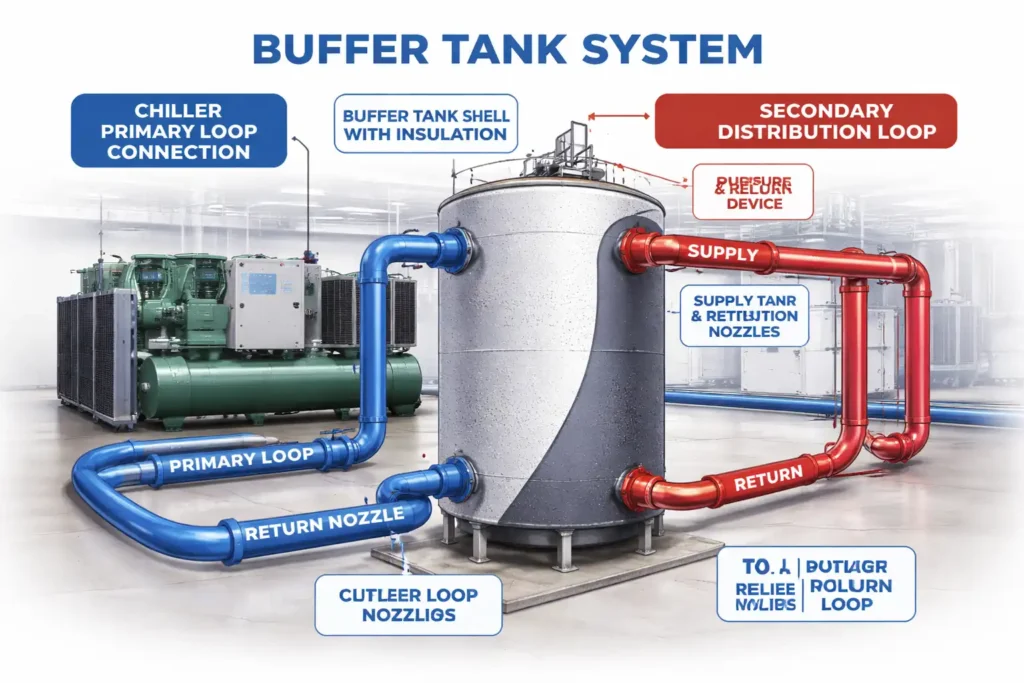 Industrial buffer tank connected to chiller and hydronic loop in a data center cooling system preventing short cycling and stabilizing flow