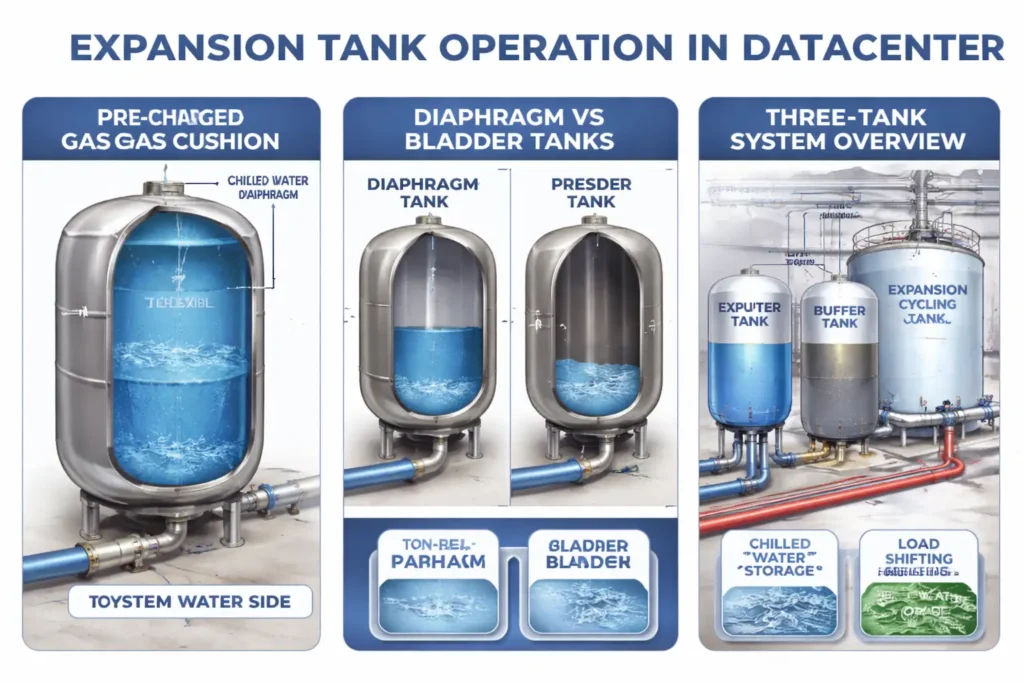 Expansion tank installed in a data center HVAC chilled water system controlling loop pressure and absorbing thermal expansion